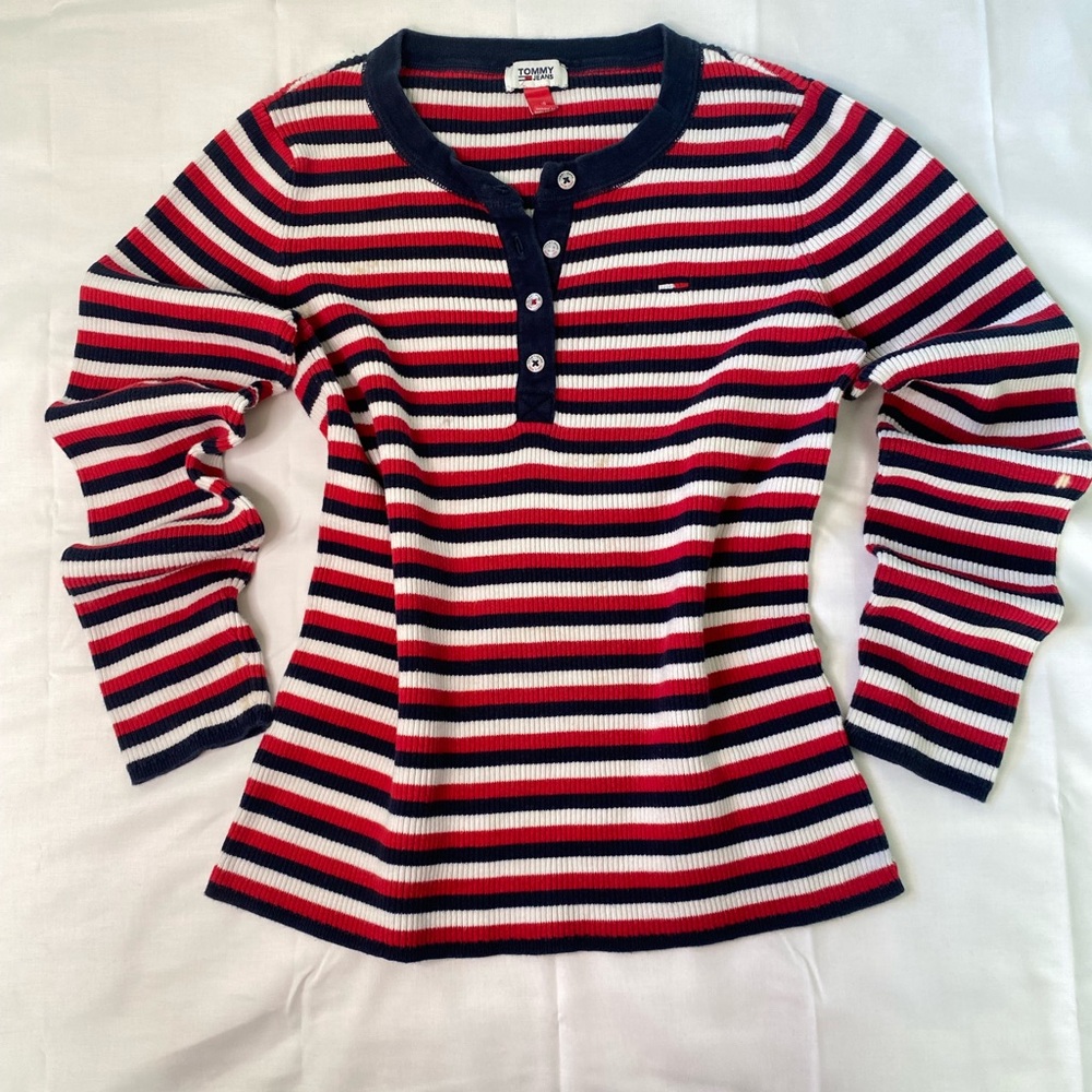 Vintage Tommy Hilfiger Navy Red White Striped Ribbed Henley
